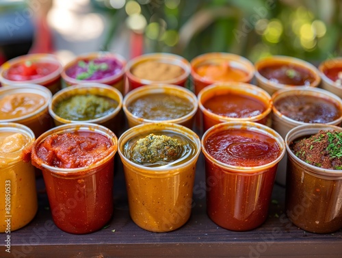 A row of small plastic cups filled with different sauces. The cups are arranged in a neat row, with some cups containing red sauces and others containing green sauces. Scene is one of variety