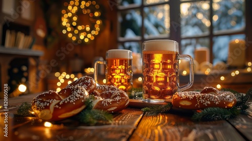 Festive table with bavarian pretzels  beer mugs  and d  cor