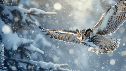 Owl in glasses, flying over a snowy landscape, winter background