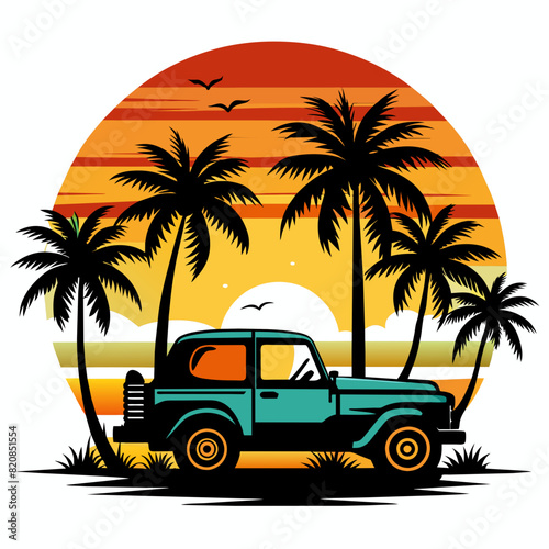 Vibes t-shirt design, black silhouette illustration vintage retro sunset with palm trees and jeep on white background 