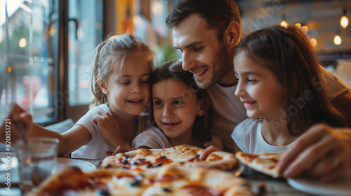 Man and Two Girls Looking at Pizza