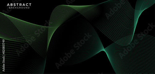 Abstract background with a green geometric curve line. Modern minimal trendy lines pattern on a dark background.