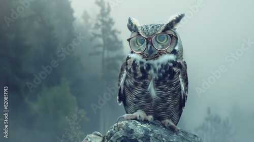 Owl wearing glasses, sitting on a rock in a forest, foggy background photo