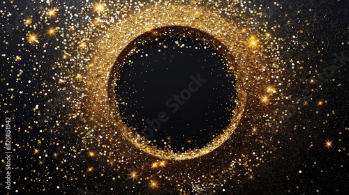 Captivating circle of sparkling gold particles on a dark background, embodying the concept of cosmic elegance and mystery