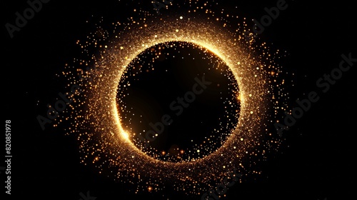 Captivating circle of sparkling gold particles on a dark background, embodying the concept of cosmic elegance and mystery