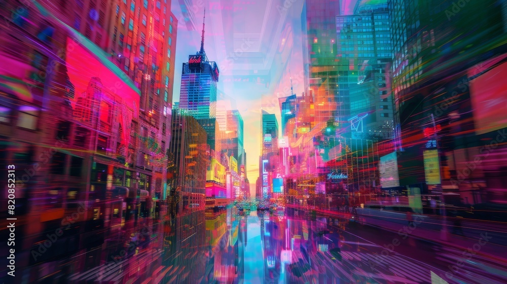 Obraz premium Cityscapes Reflected in a Holographic Sky