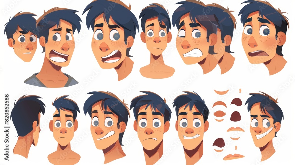 Animated modern illustration of a young oriental man head kit with different facial features for creating male avatars with different emotions, noses, eyes, brows, and hairstyles. Animated modern illustration of a young oriental man head kit with different facial features for creating male avatars with different emotions, noses, eyes, brows, and hairstyles.