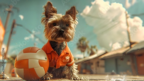 Yorkshire Terrier Playing Volleyball in a Whimsical Cartoonlike photo