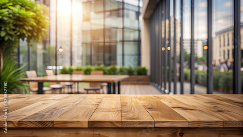 Empty bright wooden table top in foreground with wet transparent window glass  highrise buildings view on background. 