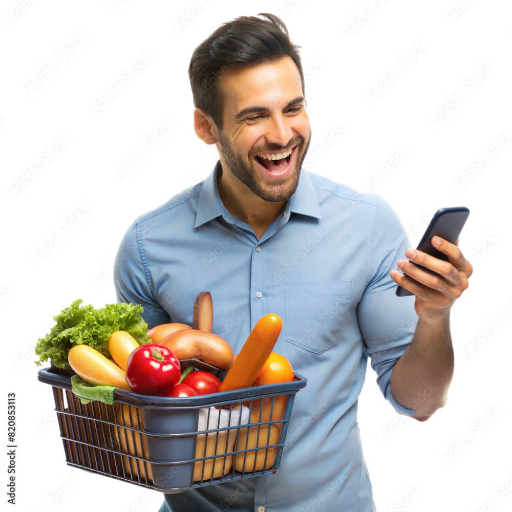 A man smiles while checking his mobile phone, holding a grocery basket full of fresh fruits and vegetables A man smiles while checking his mobile phone, holding a grocery basket full of fresh fruits and vegetables