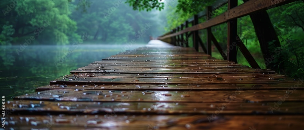 Obraz premium Walkway extending over water, wooden surface wet with rain droplets visible, lush forest with dense green foliage and trees, peaceful natural scene