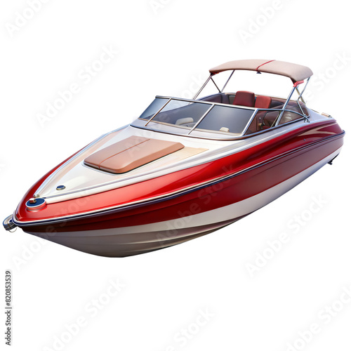 A red and white speedboat with a canopy and windshield, streamlined for speed, displayed on land in daylight photo