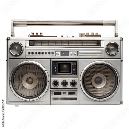 Silver 1980s boombox displaying dual speakers, a cassette player, and various control buttons on a clean white background