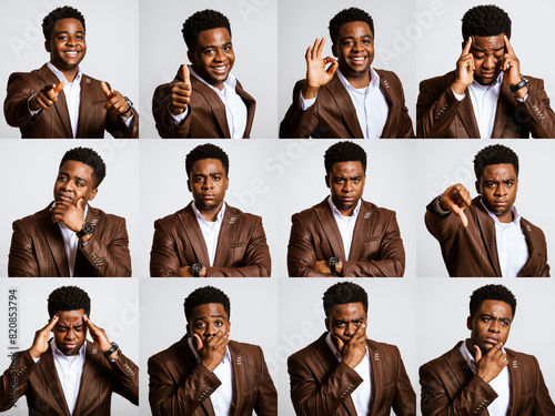 Collage of young businessman portraits with variety of facial expressions.