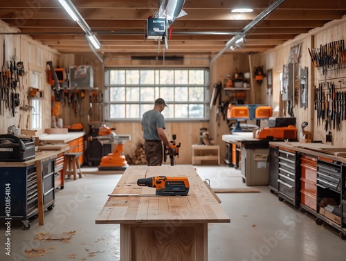 A man is working on a project at a woodworking shop. The shop is filled with tools and equipment, including a table with a power tool on it. The atmosphere is focused and productive