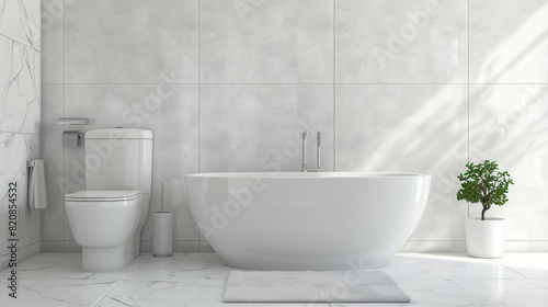 Modern bathtub and toilet bowl near white wall in bath