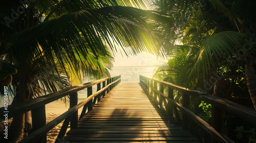 Aesthetic beautiful island destination, endless bridge into the ocean, palm leaves, sun rays. Travel Ad. Generative AI © AngrySun