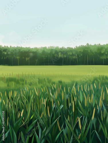 The ambient light is bright  the sky is clear  the wheat fields are green A realistic long shot  view from a Green wheat field  realistic