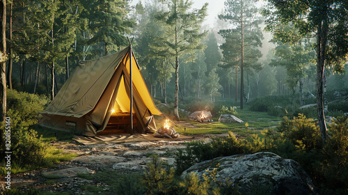 Peaceful Morning in the Forest with a Cozy Tent