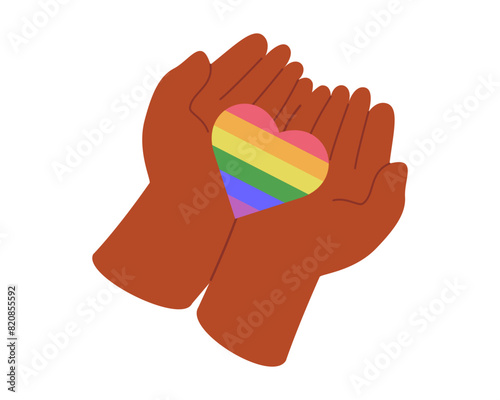 LGBT Couple Hands holding in palms rainbow heart
