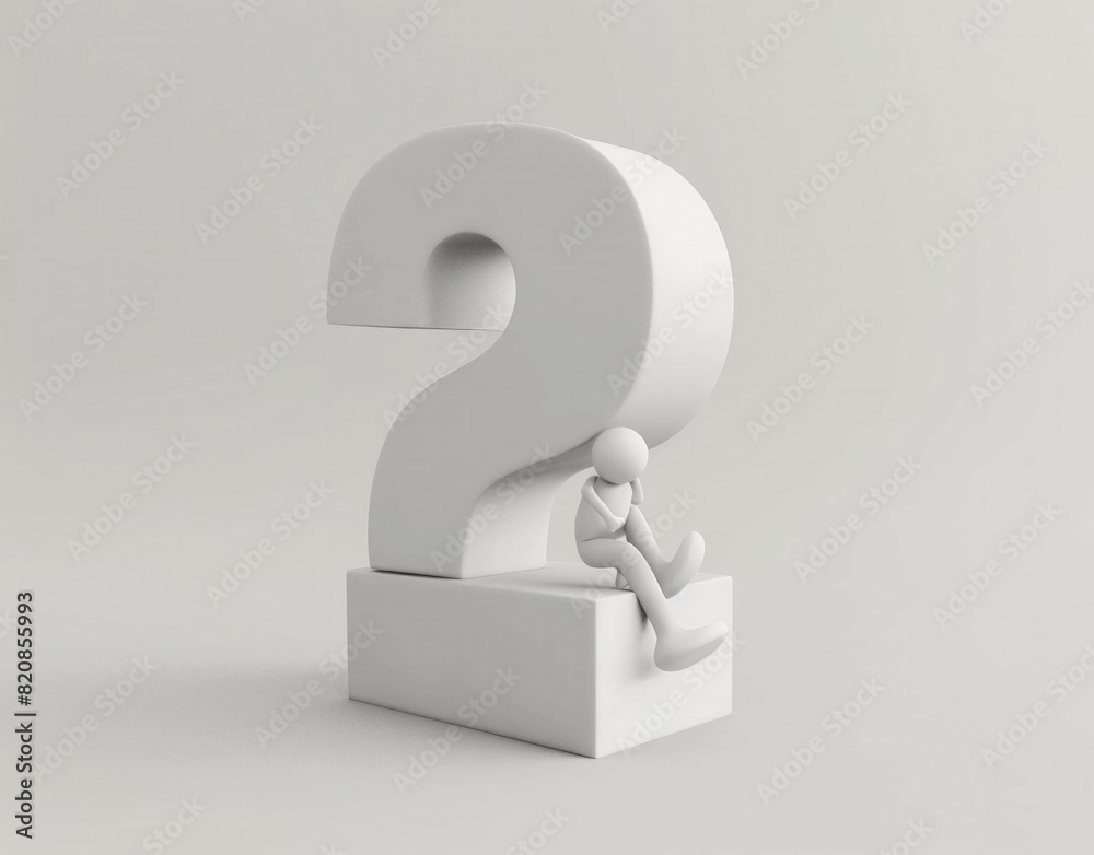 Man sitting on white cube with question mark concept of uncertainty and decision making in business and life Man sitting on white cube with question mark concept of uncertainty and decision making in business and life