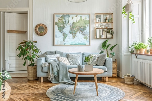 A living room with a blue couch and a world map on the wall