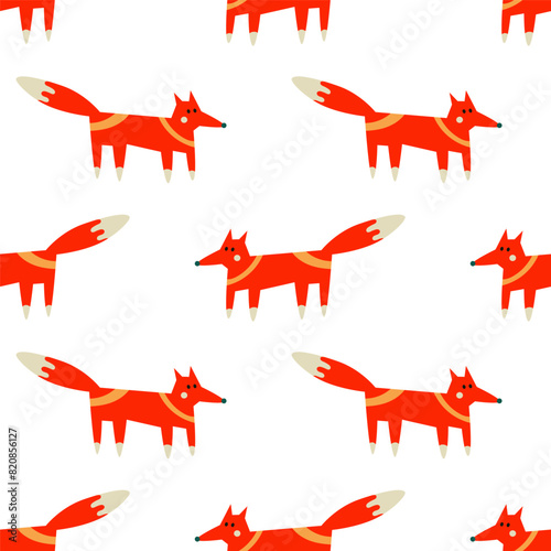Seamless pattern with red foxes on white background. Modern folk themed background. Vector illustration  photo