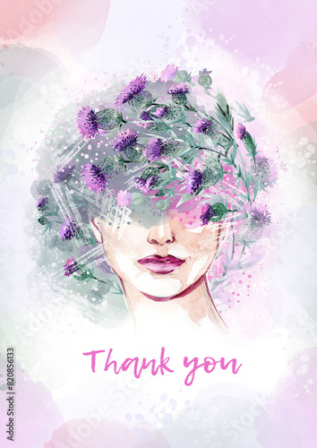 A woman's face is a watercolor drawing with the text Thank you. A woman's head with flowers. Beautiful, fashionable watercolor portrait