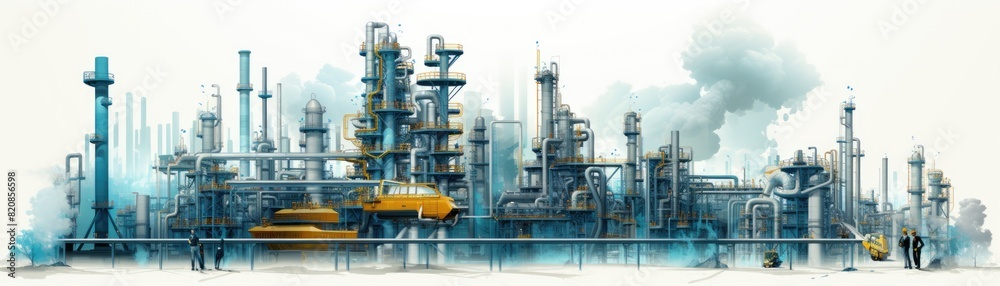 Panoramic view of a large industrial factory with numerous chimneys and pipes, emitting smoke, under a clear sky. Panoramic view of a large industrial factory with numerous chimneys and pipes, emitting smoke, under a clear sky.