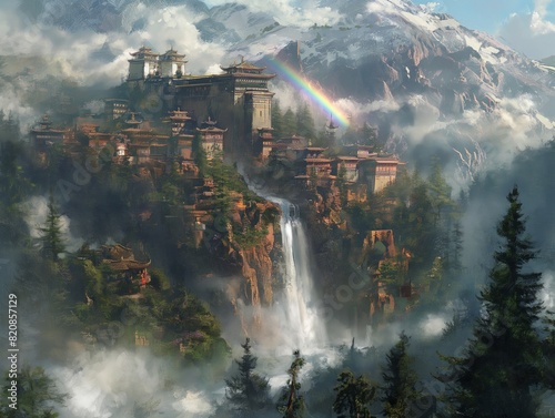 A mountain village with a waterfall and a rainbow photo