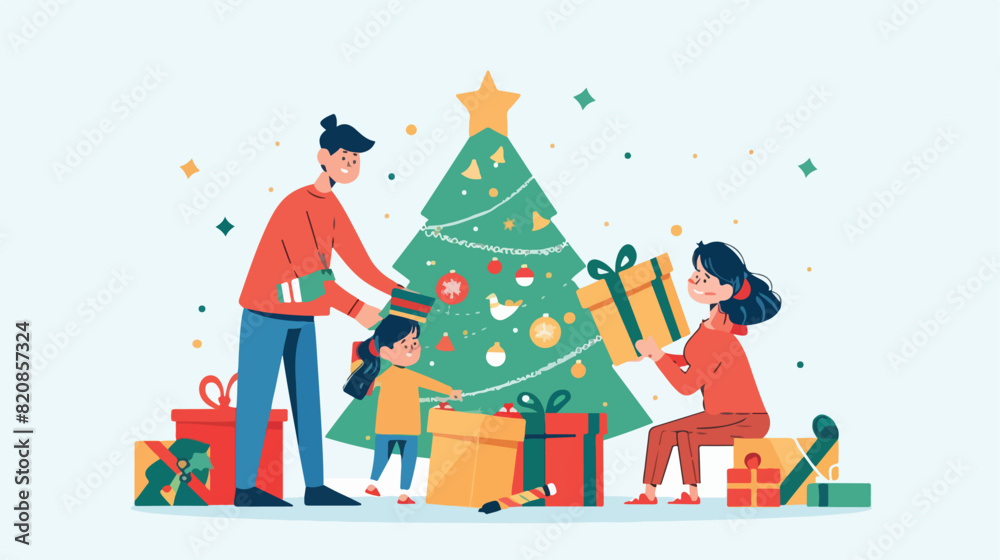 Happy child opening Christmas gift box. Mother father