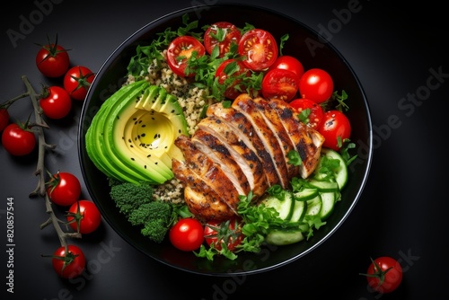 bowl with salad with tomatoes, chicken, avocado, green leaves, top view