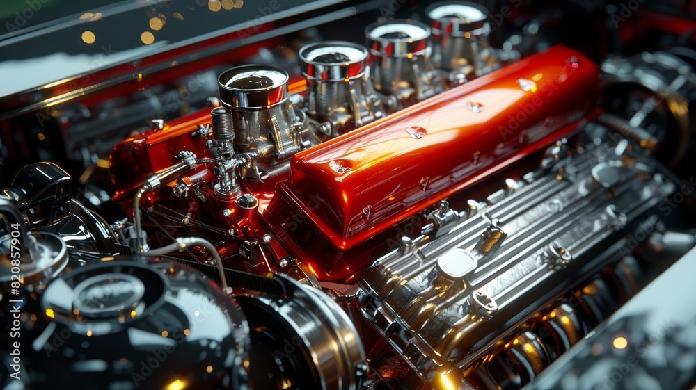 High detail close-up of classic car engine components