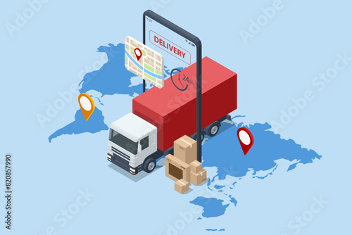 Isometric Logistics and Delivery Infographics. Online Express, Free, Fast Delivery, Shipping Delivery Website Banner Delivery service app with map background