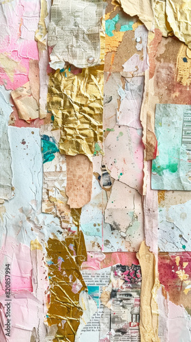 Fashionable background with a collage of torn paper from magazines, variety of patterns. Pastel colours. Generative AI