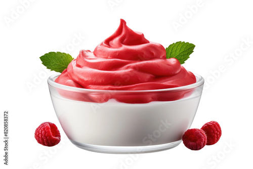 Delicate Harmony: A Symphony of Yogurt, Raspberries, and Mint on Transparent PNG Background...