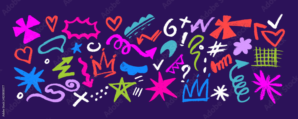 Φωτογραφία Collection of hand drawn colorful charcoal doodle shapes and squiggles in childish girly style