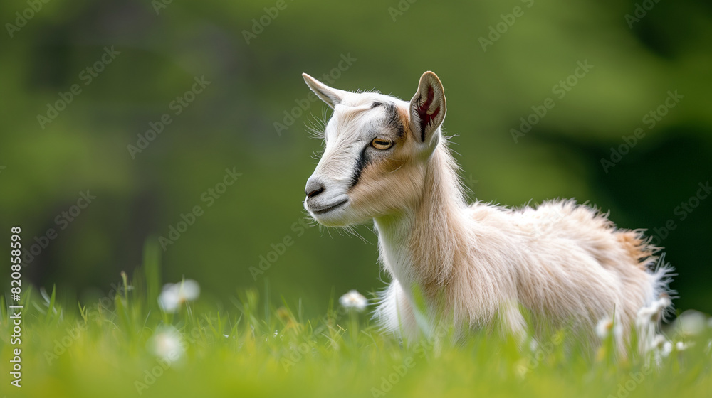 Small Goat Standing on Top of Lush Green Field Small Goat Standing on Top of Lush Green Field