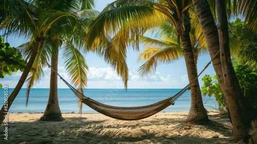 Romantic cozy hammock in the shadow of the palm on the tropical beach by the sea © Ruslan Gilmanshin