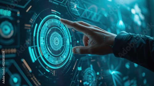 Wallpaper Mural Closeup of finger touching interface screen with shallow depth of field blue toned Torontodigital.ca