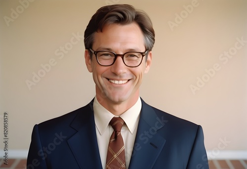 Casual businessman with glasses smiles confidently for a close-up portrait concept photo