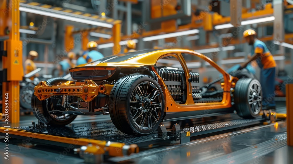 EV car on assembly line with engineers installing batteries, 3D rendering, industrial colors, realistic