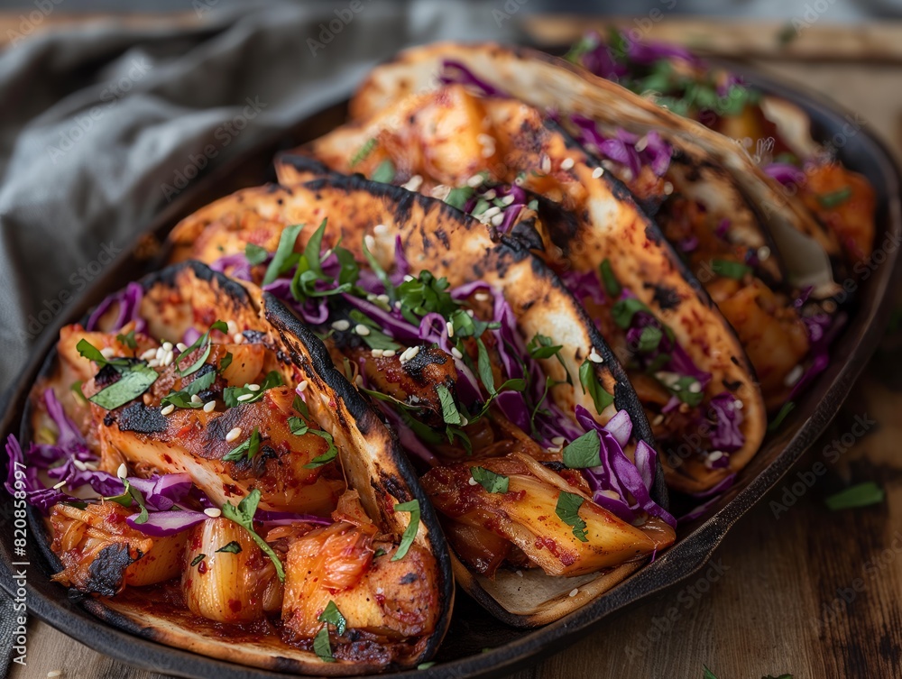 A plate of food with a variety of toppings including shredded cabbage. The plate is full of food and looks delicious A plate of food with a variety of toppings including shredded cabbage. The plate is full of food and looks delicious
