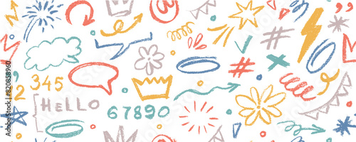 Vector seamless pattern  with colorful graffiti doodle punk and girly shapes  Hand drawn abstract scribbles and squiggles, creative various shapes, pencil drawn icons. Scribbles, scrawls, stars, crown