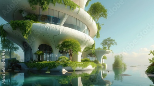 Green futuristic modern building  forest apartment gardens on balconies. Modern sustainable architecture