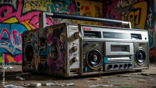 A decrepit vintage boombox with graffiti labels sits in a room showing urban decay and artistic expression