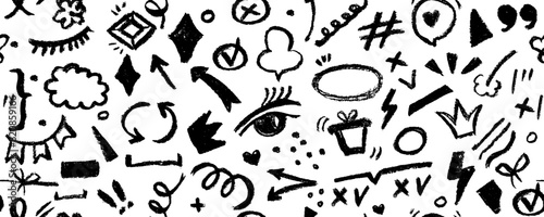 Hand drawn  geometry shapes and line doodle seamless pattern. Creative comic style art background, trendy design with scribble shapes on white backdrop.