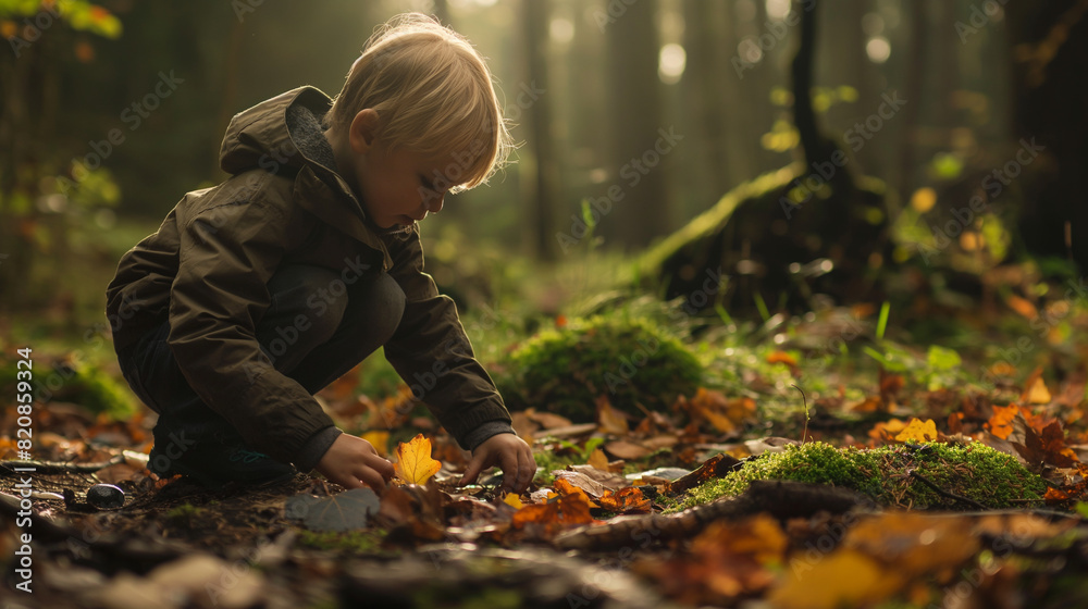 A child exploring the forest floor, picking up leaves and stones. A child exploring the forest floor, picking up leaves and stones.