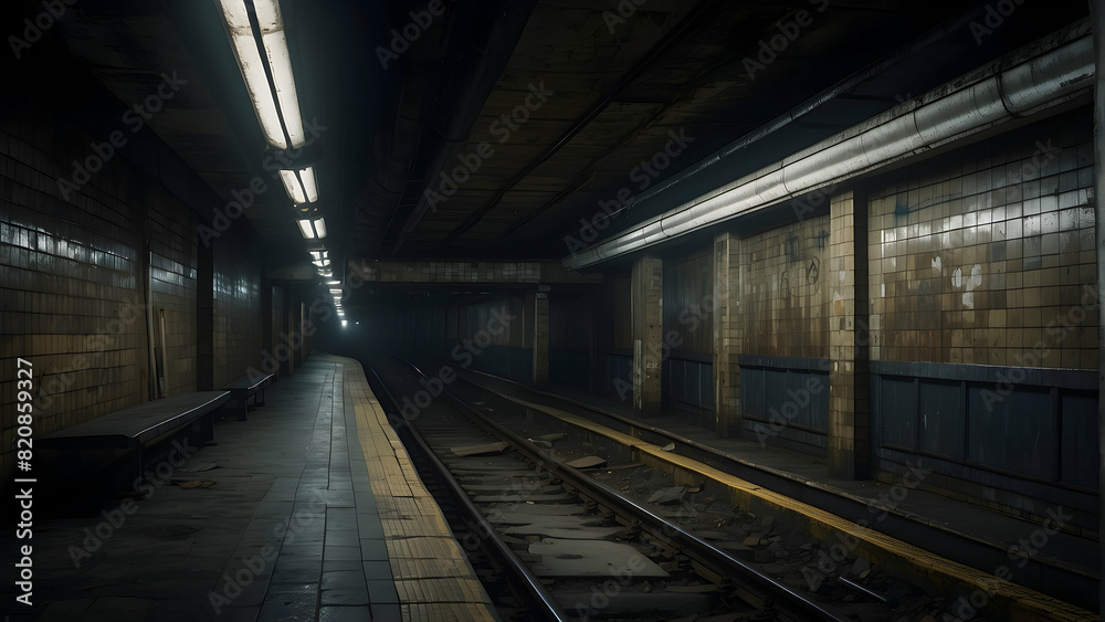 An atmospheric shot capturing the eerie and abandoned feel of an empty subway platform with flickering lights