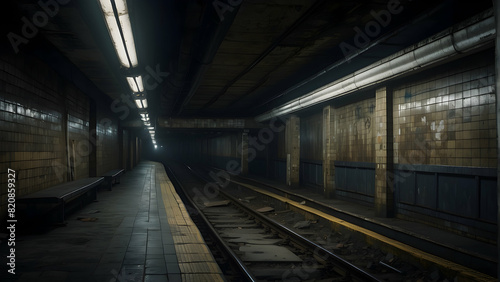 An atmospheric shot capturing the eerie and abandoned feel of an empty subway platform with flickering lights